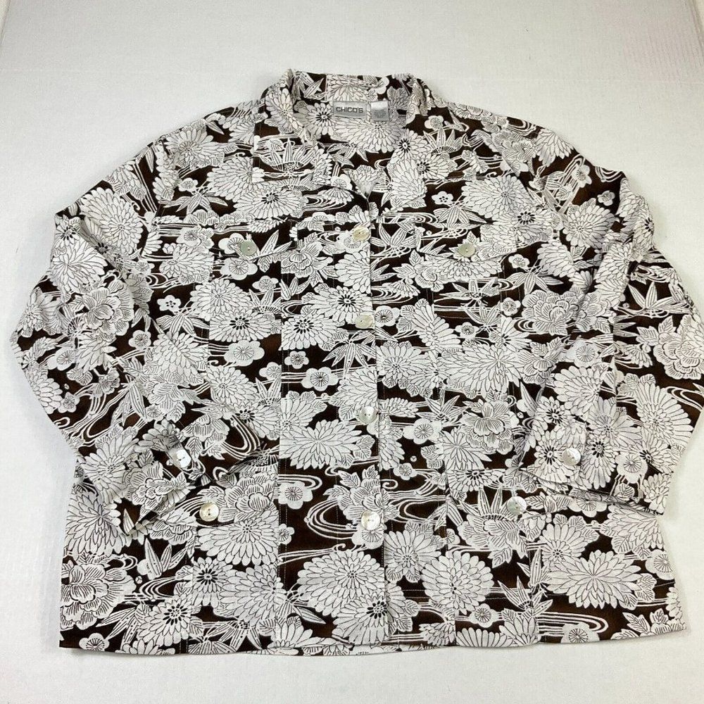 Chicos Lightweight Button Jacket Floral 3/4 Sleeve Pockets Linen Blend 3 XL